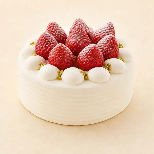 苺と生クリームを飾った丸いデコレーションケーキ