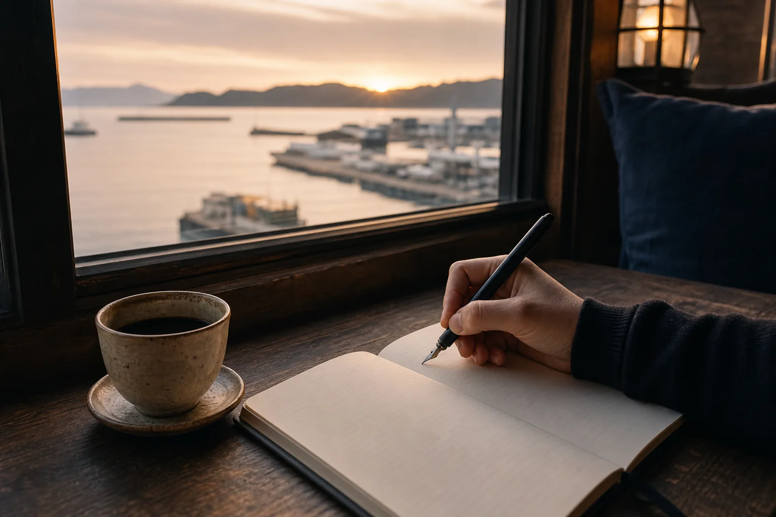 夕方の港を望む窓辺でコーヒーを傍らにノートを書く様子