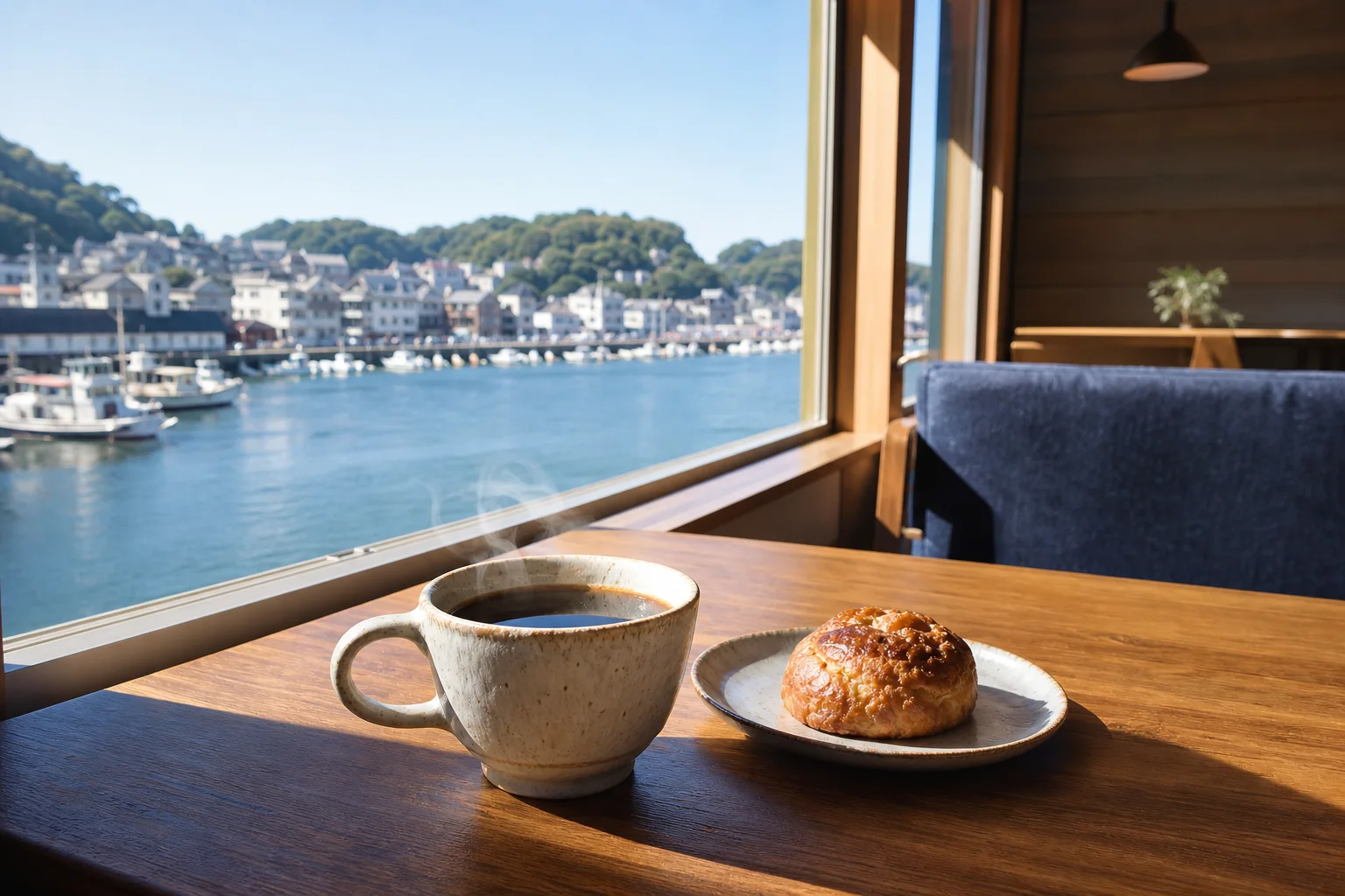 港を望む朝の窓辺に置かれたコーヒーと小さなパン