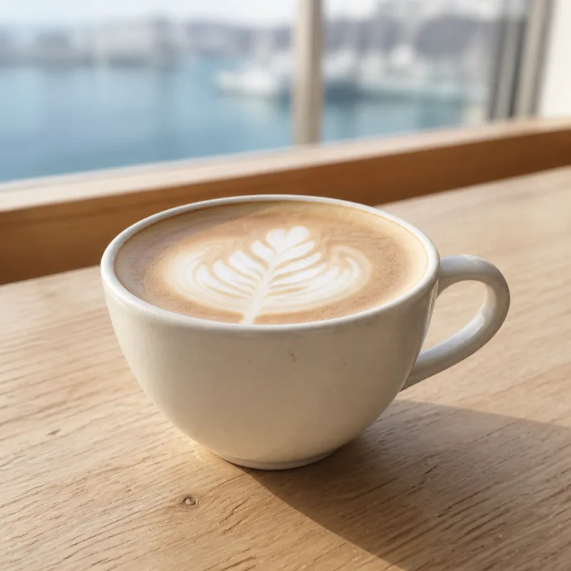 リーフ模様のラテアートを施したカフェラテ