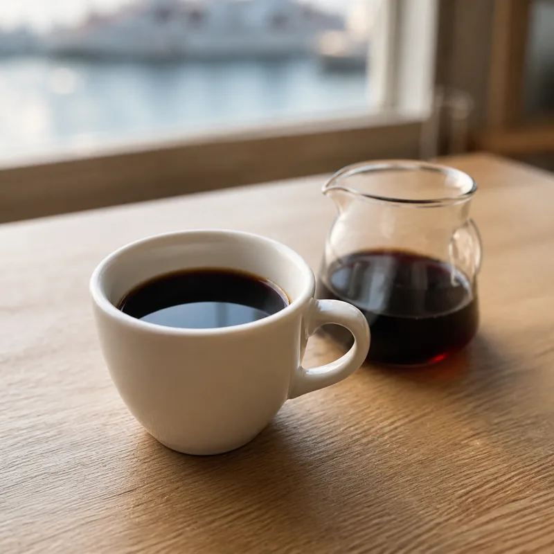白い陶器カップのハンドドリップコーヒー